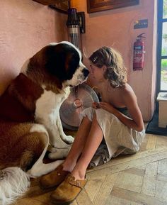 a woman sitting on the floor next to a brown and white dog with a fan