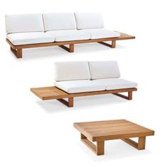 three different types of couches and coffee tables with white cushions on each one side