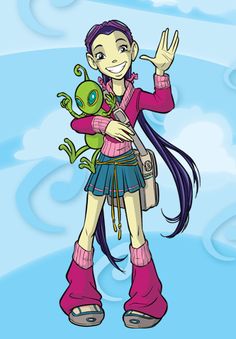 a cartoon girl with long hair and boots holding a small green creature in her arms