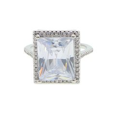 a white gold ring with an assorted square cut diamond surrounded by pave diamonds