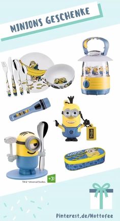 a set of children's toys including a minion, fork and spoons