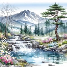 a painting of a mountain stream with flowers in the foreground