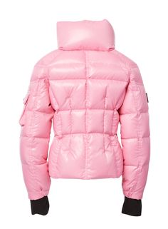 This channel-quilted, down jacket is crafted from a densely woven nylon. It is lightweight, yet protective from wind and water, and filled with fine white duck down to achieve warmth and an ultra soft feel. The jacket features a stand collar, fleece wrist cuffs with thumbholes, center front zip closure, lower zip pockets, and snap sleeve pocket detail. Pink Nylon Puffer Jacket With Padded Collar, Pink Down Puffer Jacket With Detachable Hood, Pink Down Puffer Jacket With Padded Collar, Pink Quilted Nylon Puffer Jacket, Luxury Duck Down Puffer Jacket With Padded Collar, Pink Quilted Puffer Jacket For Cold Weather, Luxury Nylon Puffer Jacket For Cold Weather, Luxury Fitted Puffer Jacket For Outdoor, Sherpa Jacket