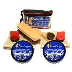 The FeetPeople Ultimate Leather Care Kit contains all the things you need to clean, nourish, buff, and shine your shoes. Our kit includes Two jars of our patented shoe polish that is a blend of pure carnauba wax, beeswax and the finest grade of other ingredients. One FeetPeople Horsehair Polish Brush that allow you to apply paste or cream polish quickly and easily. Keep your hands cleaner and let the applicator apply the polish. Two FeetPeople Sponge Daubers that allow you to apply paste or crea Leather Makeup Bag, Professional Shoes, Shoe Polish, Make Up Organiser, Leather Gear, Shoe Shine, Makeup Bag Organization, Care Kit, Toiletry Bag Travel