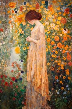 a painting of a woman standing in front of flowers