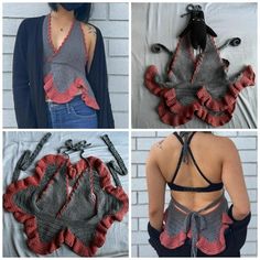 four pictures of different types of bras with crocheted designs on the back