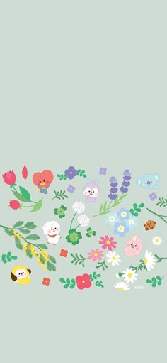 flowers and birds are arranged in the shape of a rectangle on a green background