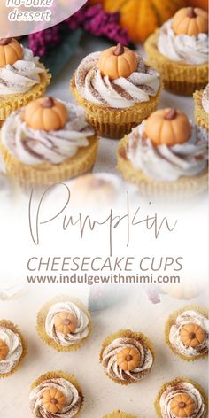 pumpkin cheesecake cups with frosting and mini pumpkins in the middle on a table