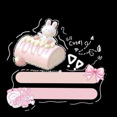 a black background with pink and white items in the shape of a roll, rabbit on top of it