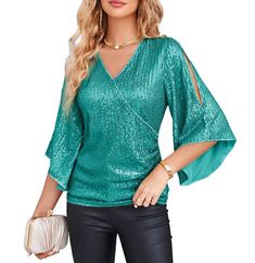 PRICES MAY VARY. 【SIZE】The sparkly party blouse is made with a slim fit design and low stretchy（Will be 1-2 cm smaller than actual size）, please choose One Size Up if you want a more relaxed feeling 【Features】Sequin tops for women - Sexy v neck, 3/4 bell sleeves, split sleeves; The glitter sparkly blouse is designed to be slim-fitting, which creates a flattering silhouette and adds to the overall dressy look 【Material】Full shiny sequin cover,the sparkle concert outfits is made of nice sequin fabric(soft lining ) that sparkles and shimmers in the light 【Romantic Elgant party top】Wedding guest glitter blouse is covered entirely in sequins, making it very sparkly and eye-catching. 3/4 split sleeves tops that add a unique and trendy touch to this top, which can not only modify the arms but als Sparkly Blouse, Guest Ideas, Glitter Blouse, Split Sleeve Top, Deck Seating, Dressy Jeans, Sparkle Outfit, Sparkly Party, Party Blouse