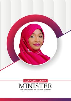 a woman in pink headscarf with the words minister art culture and the creative economy