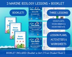 three marine biology lessons and booklets with ocean animals, plants, and other activities