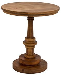 a round wooden table with two columns on the top and one column at the base