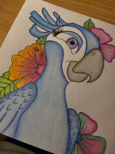 a drawing of a blue bird with flowers on it's head