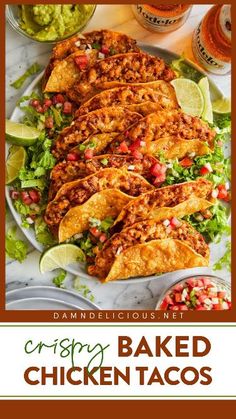 baked chicken tacos on a plate with guacamole and salsa in the background