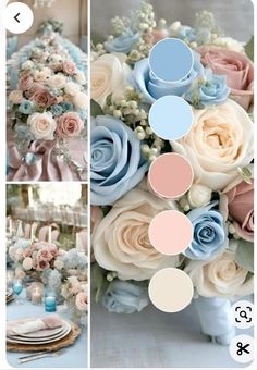 a collage of photos with different flowers and colors on them, including blue, pink, and white