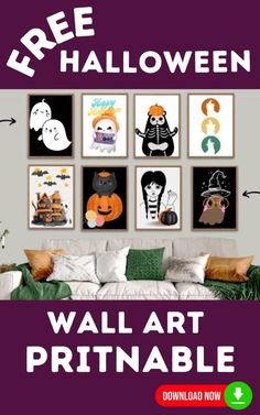 a living room with halloween pictures on the wall and text that reads free halloween wall art print