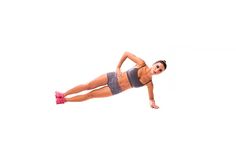 a woman in grey and pink shorts is doing an exercise on a white background with her hands behind her head