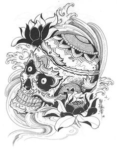 a drawing of a skull with flowers on its head and an eyeball in the middle