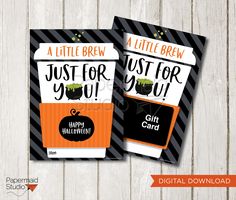 two halloween gift tags with the words just for you and a little brew on them