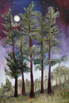 a painting of trees with the moon in the background