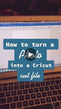 an open laptop computer sitting on top of a desk with the words how to turn a video into a cricut cut file