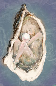 a painting of a woman sitting on top of an open oyster shell with a pearl in it