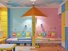 a child's bedroom decorated in bright colors