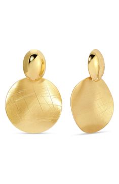 A matte, brushed texture adds distinction to modern drop earrings ready to elevate your everyday style. 1 1/2" length Post back Goldtone plate Imported Concert Looks, Streetwear Shop, Preppy Look, Flip Flop Slippers, Clutch Pouch, Earrings In Gold, Designer Crossbody Bags, Sandals Brands, Sweaters And Leggings