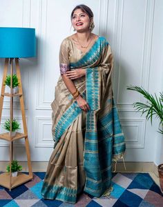 Type: Saree Saree Color: Sea Blue & Beige Blouse Color: Sea Blue & Beige Saree Length: 6.2 Mtrs Blouse Length: 0.80 Mtr Fabric: Tussar Silk Work: Weaving  Care Instruction: Hand Wash Product Code: 53389 Kanjivaram Saree, Patola Saree, Printed Saree, Sea Blue