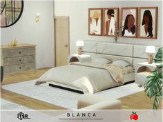 a white bed sitting in a bedroom on top of a hard wood floored floor