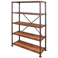 three tiered shelving unit with wooden shelves