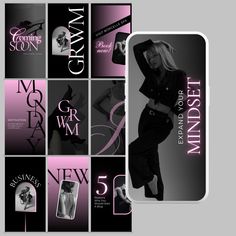 a cell phone case with the words new fashion on it and images of models in black and pink