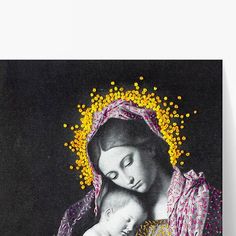 a painting of the virgin mary holding a baby in her arms with yellow flowers around her neck