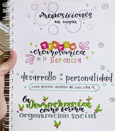 a hand holding up a notebook with different types of writing on the pages in spanish