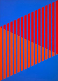 an orange and blue abstract painting with lines on it's sides, against a blue background