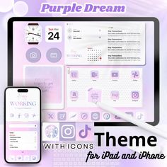 purple dream theme with icons and phone for ipad and iphone wallpapers, including the wording'purple dream '