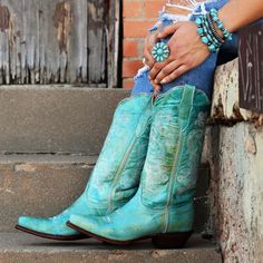 Leather boots are one of favorite things around here! Western Turquoise Boots With Patina, Turquoise Western Boots With Patina, Fitted Turquoise Boots For Ranch, Western Style Boots With Patina For Western-themed Events, Turquoise Leather Boots For Western-themed Events, Western Turquoise Boots For Rodeo, Turquoise Western Boots For Ranch, Western Style Blue Festival Boots, Blue Western Festival Boots