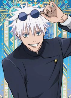 an anime character with white hair and sunglasses on his head, wearing black clothes in front of a blue background