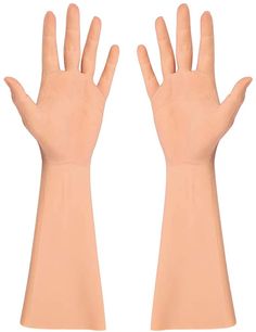 pair of hands wearing beige gloves on white background