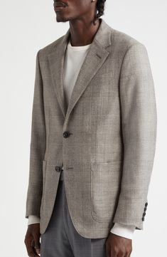 A rich blend of wool, cashmere, silk and linen highlights Zegna's legacy of impeccable craftsmanship in this masterfully tailored sport coat etched with barely perceptible windowpane checks. Notched lapels Chest welt pocket; front patch pockets 60% wool, 22% cashmere, 10% silk, 8% linen Dry clean Made in Italy Designer Clothing Wool Double-breasted Sport Coat For Tailoring, Double-breasted Wool Sport Coat, Double-breasted Wool Brown Sport Coat, Brown Single-breasted Wool Sport Coat, Double-breasted Wool Sport Coat With Welt Pockets, Cashmere Wool, Fabric Gift Bags, Nordstrom Store, Free Fabric