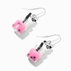 Create a sassy sip with these sensational drop earrings. The silver-tone drops have black and white pandas holding pink boba teas. Finish: Silver-tone Drop: 1.5 in. / 3.81 cm. Closure: Fish hook Material: Metal, Glass - Claire's Pink Boba Tea Panda 1.5" Drop Earrings Pink Boba Tea, Pink Boba, Homemade Gifts For Boyfriend, Crystal Healing Chart, Piercing Kit, Fun Crafts To Do, Fashionable Jewelry, Kids Earrings, Boba Tea