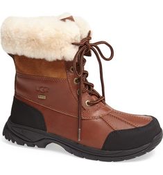 Free shipping and returns on UGG® Butte Waterproof Boot at Nordstrom.com. Waterproof leather boot is designed to handle all the elements, with a rugged Vibram® outsole. The soft, cozy lining is made from faux fur and plush UGGpure™, a textile made entirely from wool but crafted to feel and wear like genuine shearling. Ugg Adirondack, Boots Outfit Men, Waterproof Leather Boots, Ugg Boots Australia, Waterproof Snow Boots, Boating Outfit, Mens Snow Boots, Mens Uggs, Winter Snow Boots