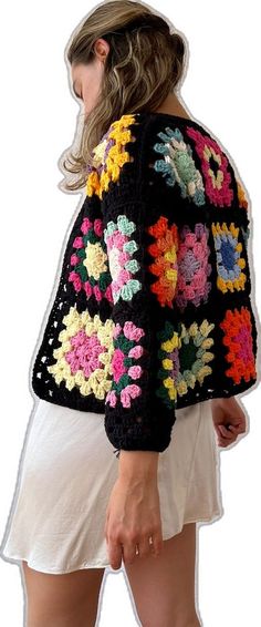 Handmade Black Sweater For Spring, Hand Knitted Cardigan For Spring, Colorful Hand Knitted Cardigan For Spring, Colorful Granny Square Sweater For Fall, Colorful Granny Square Cardigan For Fall, Colorful Hand Knitted Spring Sweater, Handmade Bohemian Black Sweater, Colorful Granny Square Sweater For Spring, Bohemian Black Cardigan With Granny Square