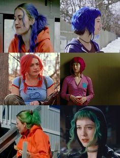 many different pictures of the same person with blue hair and green hair, one is wearing an orange shirt