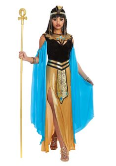 Egyptian Queen Costume, Egyptian Goddess Costume, Black And Gold Gown, Cleopatra Halloween Costume, Cleopatra Halloween, Epic Halloween Costumes, Authentic Costumes, Queen Cleopatra, Black Velvet Top