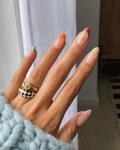 Colorful French Nails And Rings, Multicolored Nails, Retro Nails, French Tip Nail Designs, Nails 2022, Rainbow Nails, Manicure Y Pedicure, Trendy Nails, French Nails