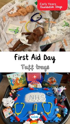 First Aid tuff trays eyfs Eyfs Jobs Topic, Nurse Eyfs Activities, Dentist Tuff Tray Eyfs, Jobs Eyfs Activities, Doctors Tuff Tray, Eyfs Topics Ideas, Doctor Tuff Tray Ideas, Occupations Eyfs Activities, Under 2s Activities Eyfs