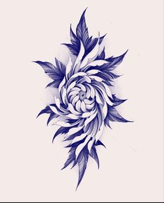 a drawing of a blue and white flower with leaves on it's center piece