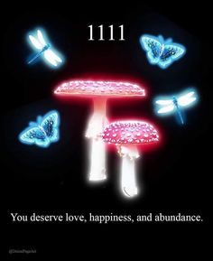 a mushroom with butterflies flying around it and the words 11 11 you deserve love, happiness, and abundance